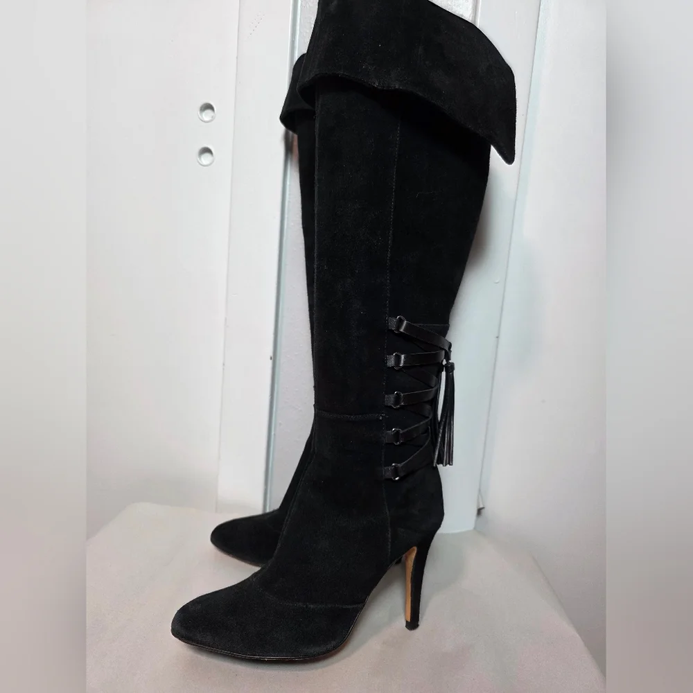 VANELI Black Suede OTK Tall Boots - Lace Up Back with Tassel - Vero Cuoio 6.5